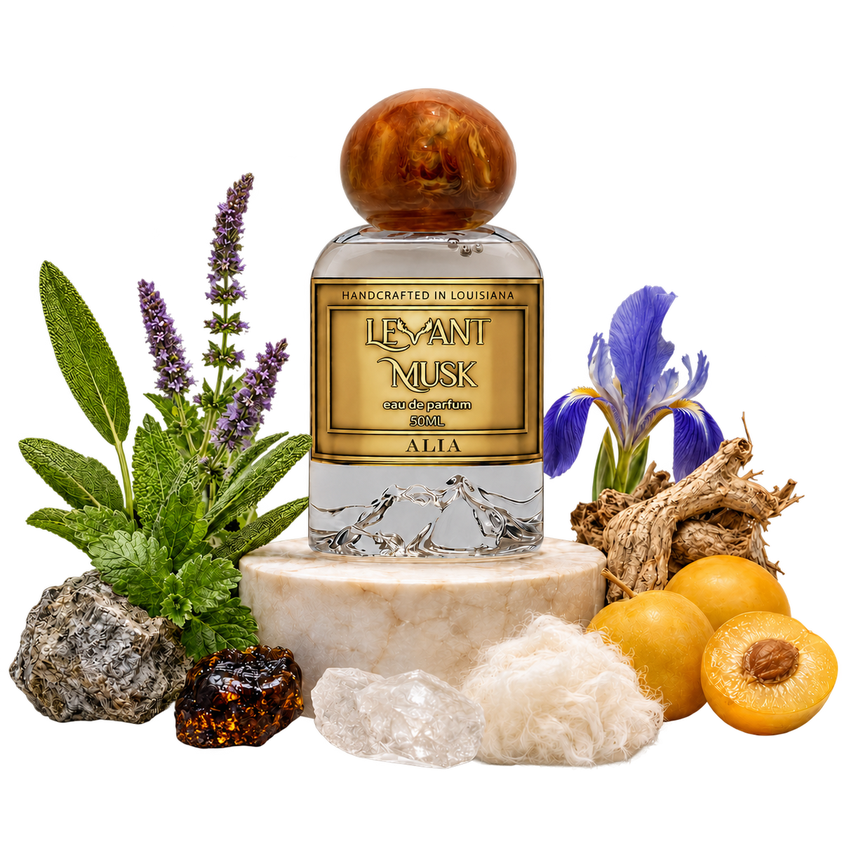 ALIA by Levant Musk, bottle with Clary sage, mirabelle plum, Orris, cistus, ambroxan, musk scent illustrations on a transparent background.