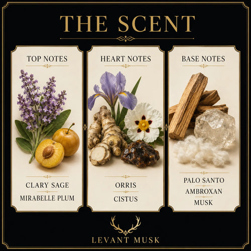 A decorative fragrance notes graphic titled "THE SCENT" for ALIA by Levant Musk, showing three vertical panels labeled Top Notes, Heart Notes, and Base Notes with botanical and material illustrations: clary sage and plum on the left, iris and cistus on the center, and palo santo, ambroxan, and a crystal on the right.