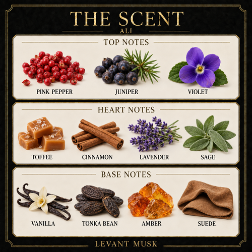A fragrance notes graphic for 'The Scent'  Ali, by Levant Musk showing top, heart, and base notes with labeled illustrations: pink pepper, juniper, violet, toffee, cinnamon, lavender, sage, vanilla, tonka bean, amber, and suede on a cream and black layout.