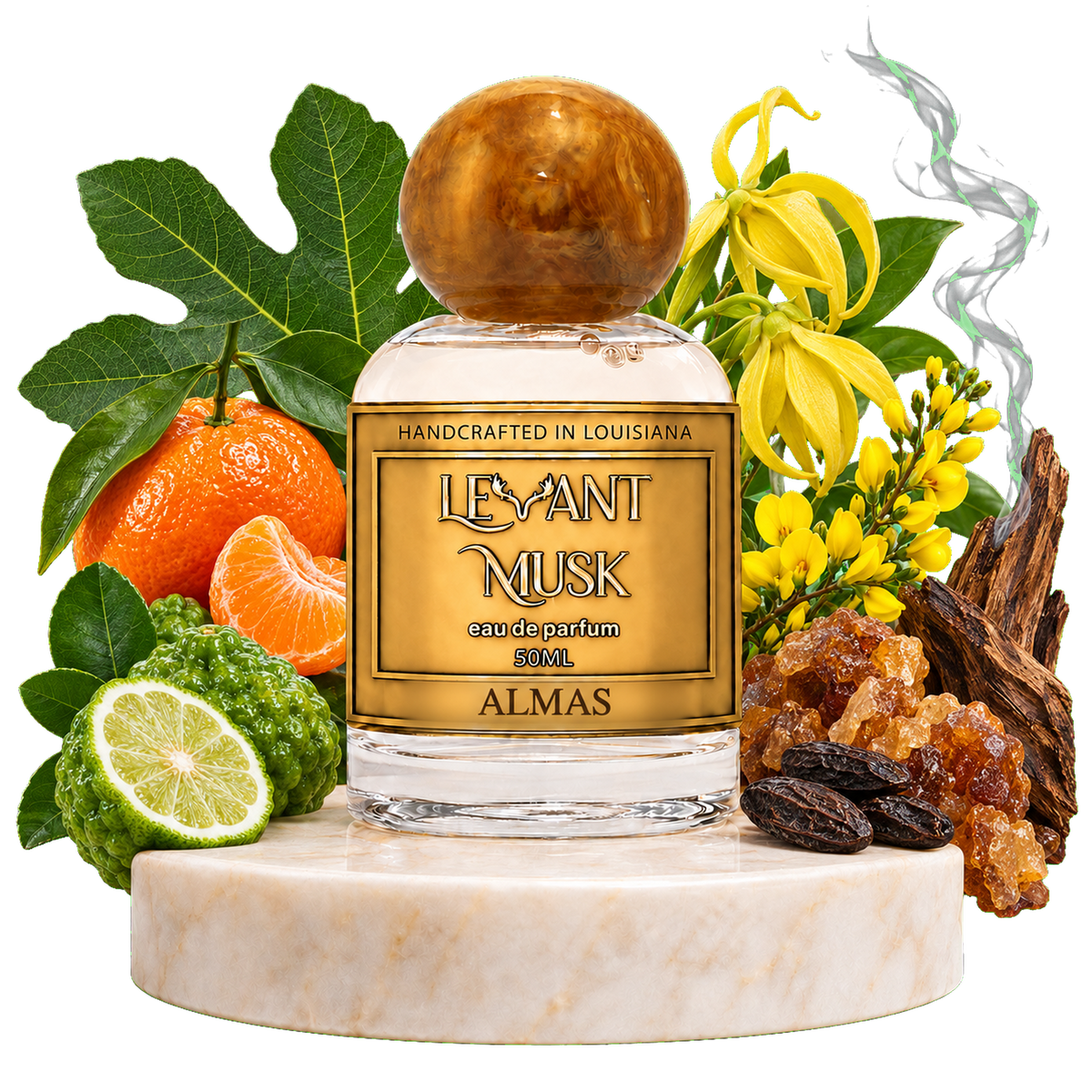 A perfume bottle labeled 'LEVANT MUSK' labeled ALMAS, styled on a white marble pedestal with citrus fruits, fig leaves, yellow flowers, and amber crystals against a black background.