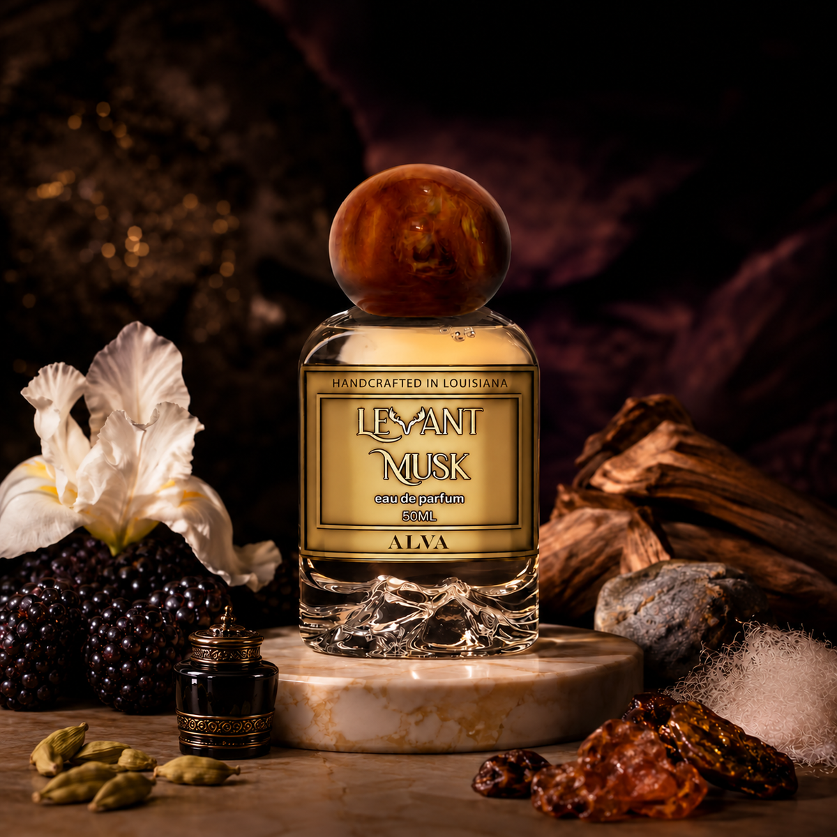 ALVA by Levant Musk atmospheric perfume bottle photograph.