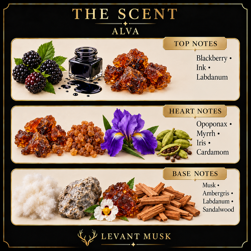 ALVA by Levant Musk note card. Top: Blackberry; ink; labdanum. Heart: Opoponax; myrrh; iris; cardamom. Base: Musk; ambergris; labdanum; sandalwood.