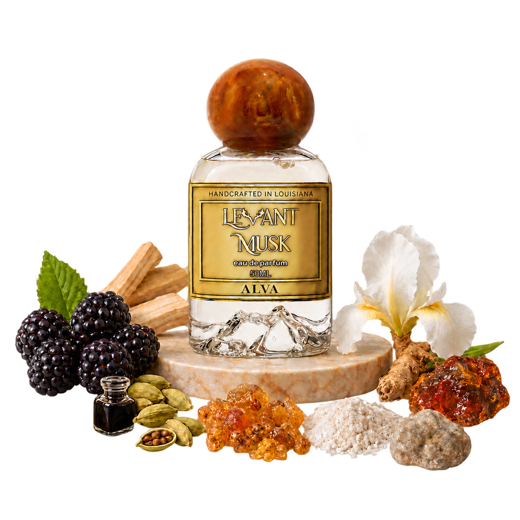 ALVA by Levant Musk perfume bottle with ingredient props on a transparent background.