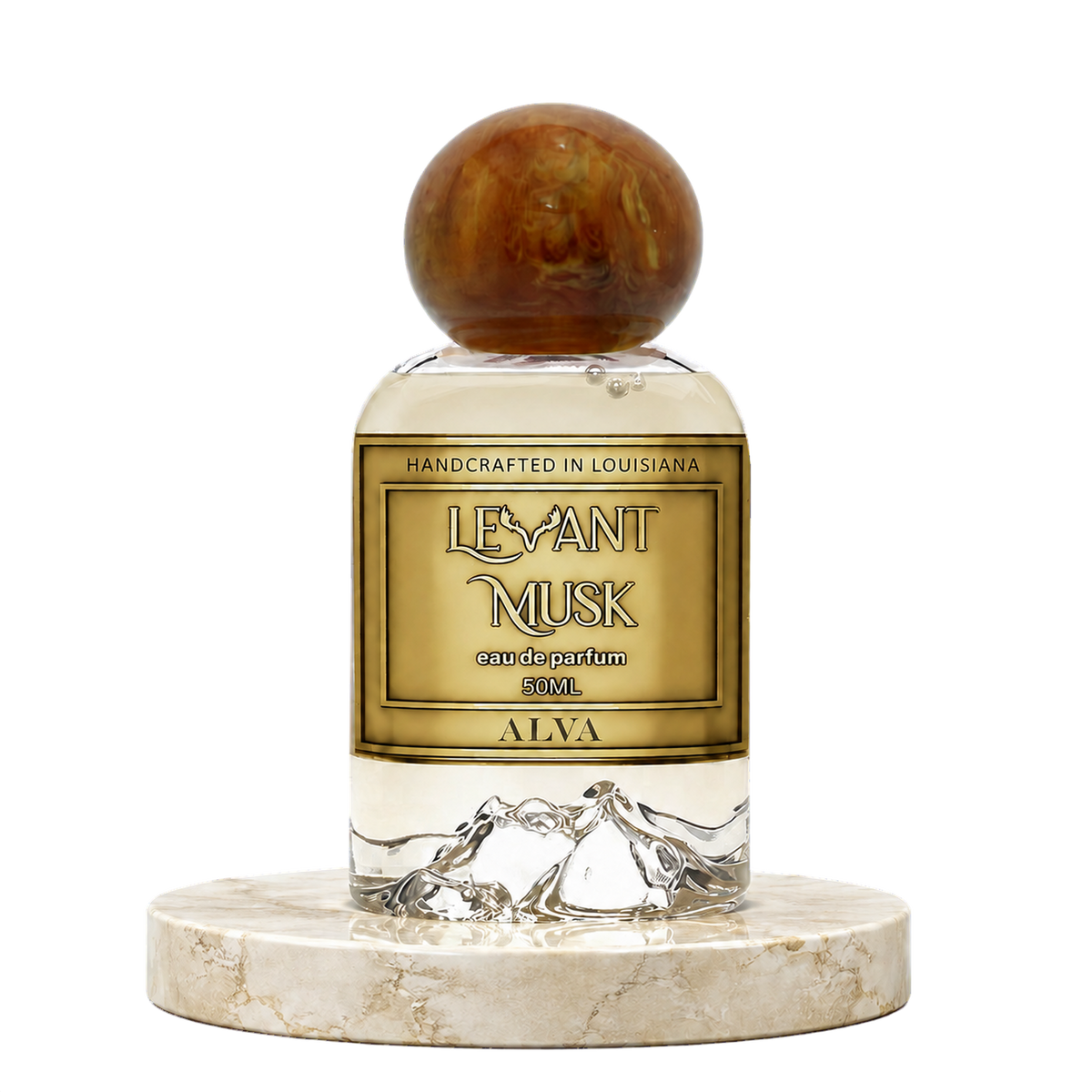 A 50ml bottle of ALVA by Levant Musk Eau de Parfum, featuring a clear glass bottle with a round brown amber cap and a beige marble base, set against a plain white background.