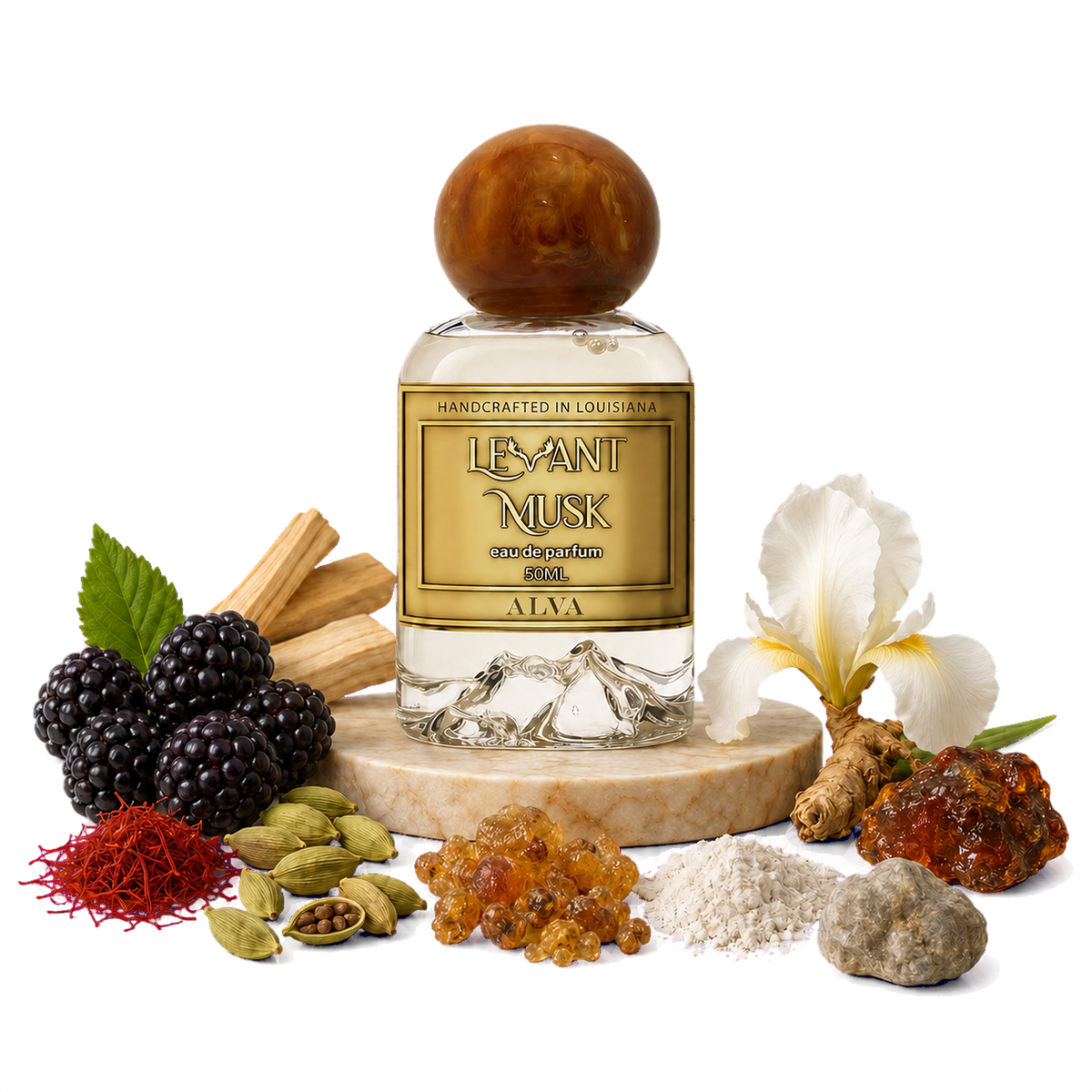 A perfume bottle labeled  'ALVA' eau de parfum, by Levant Musk sits on a marble slab surrounded by its natural ingredients, including blackberries, cardamom, turmeric, amber resin, white flower, and saffron, on a white background.
