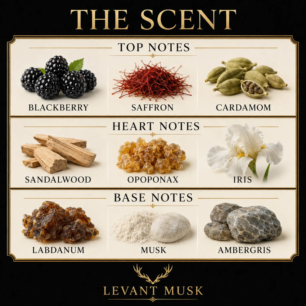 An informational graphic titled 'THE SCENT' showing the fragrance notes for Levant Musk, eau de parfum ALVA. It is divided into three sections: 'TOP NOTES' with Blackberry, Saffron, and Cardamom; 'HEART NOTES' with Sandalwood, Opopanax, and Iris; and 'BASE NOTES' with Labdanum, Musk, and Ambergris.