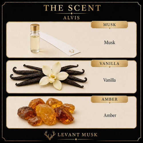 A fragrance notes graphic for 'The Scent Alvis' by Levant Musk, showing three ingredient panels: Musk with a small glass vial and paper strip, Vanilla with vanilla beans and a flower, and Amber with amber crystals.
