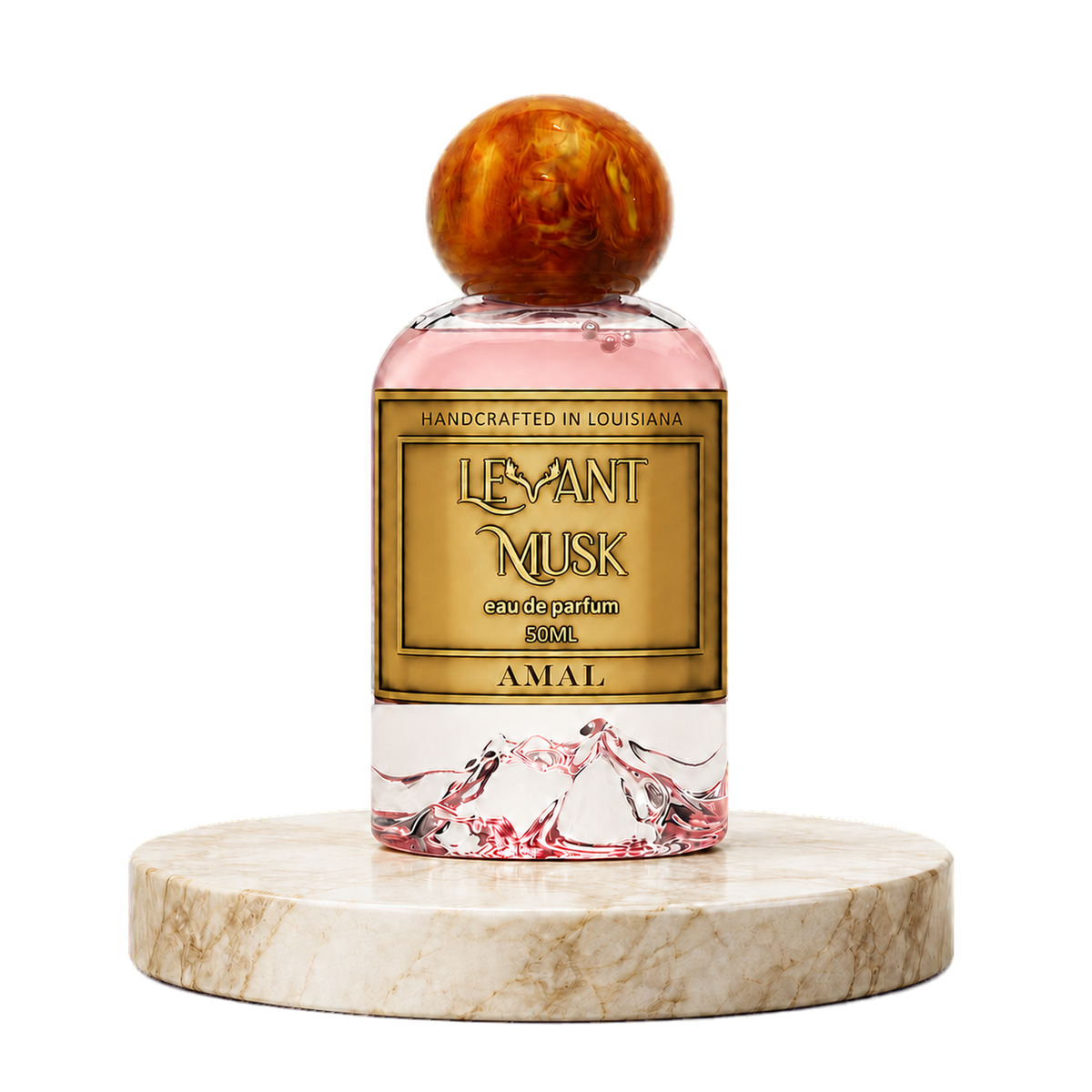 A perfume bottle labeled AMAL, by Levant Musk, featuring a pink liquid, a gold label, and a round amber-brown wooden cap, displayed on a round marble pedestal against a white background.