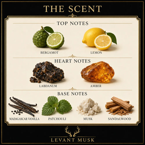 Scent profile graphic for Levant Musk AMAL eau de parfum with top notes bergamot and lemon, heart notes labdanum and amber, and base notes Madagascar vanilla, patchouli, musk, and sandalwood, shown with illustrated/photographic ingredient icons on a cream and black background.