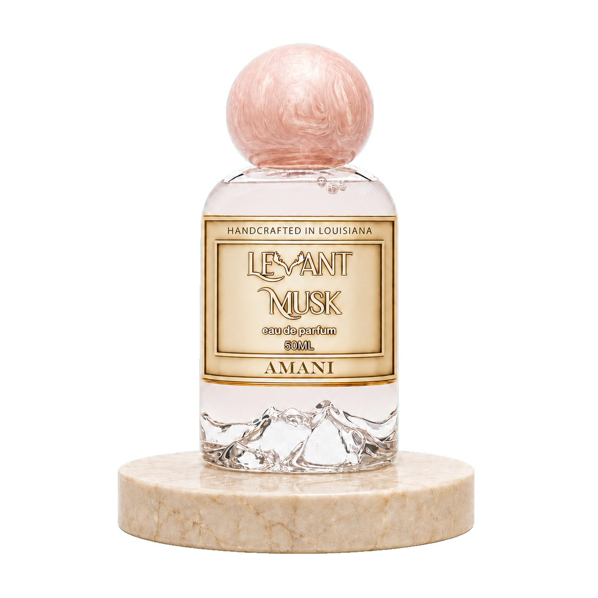 A 50ml perfume bottle of Amani by Levant Musk Eau de Parfum, featuring a clear glass bottle with a textured pink spherical cap and a gold label, resting on a round beige marble base against a white background.