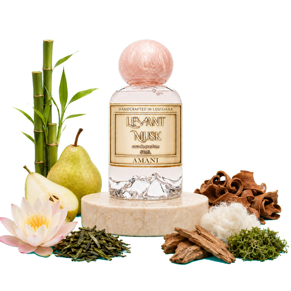 A clear glass perfume bottle with a pink rounded cap and a cream label reading  'AMANI' eau de parfum by Levant Musk sits on a stone pedestal, surrounded by botanical and fragrance ingredients including bamboo, a pear, lotus flower, cinnamon, moss, tea leaves, and white fiber on a white background.