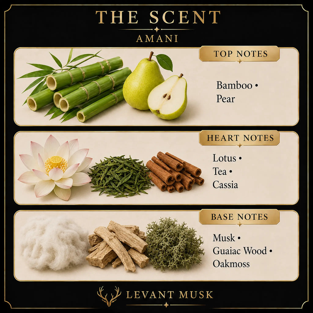 A scent profile graphic for 'The Scent Amani' by Levant Musk, showing ingredient illustrations for top notes (bamboo, pear), heart notes (lotus flower, green tea leaves, cinnamon sticks, cassia), and base notes (musk, guaiac wood, oakmoss) on a black and beige background.