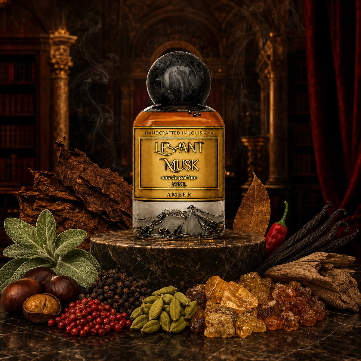 A bottle of AMEER eau de parfum by Levant Musk centered on a stone pedestal, surrounded by spices, herbs, cocoa beans, and amber crystals in a dark, atmospheric room with bookshelves and red drapery.