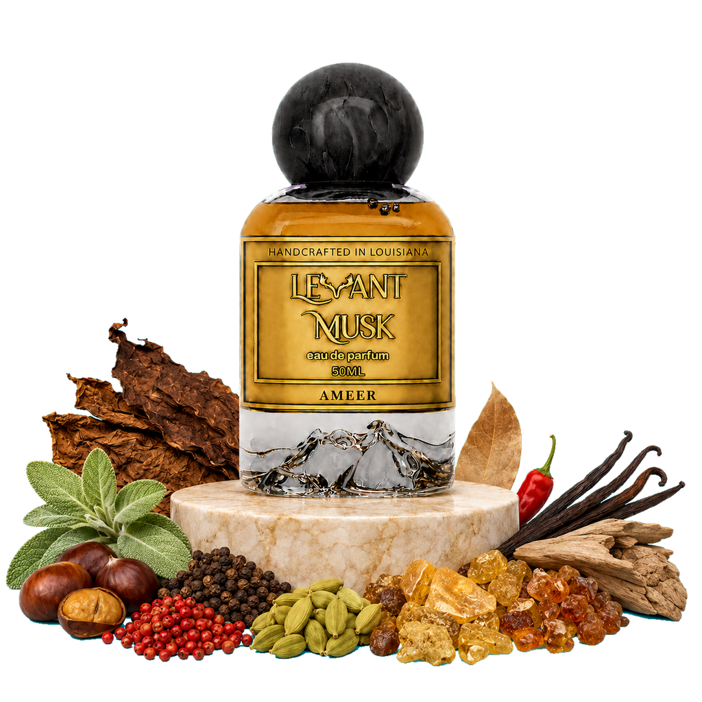 A bottle of Ameer by Levant Musk handcrafted fragrance centered on a white background, surrounded by flavor-inspired ingredients including tobacco, cardamom, vanilla, cinnamon, ginger, and berries.