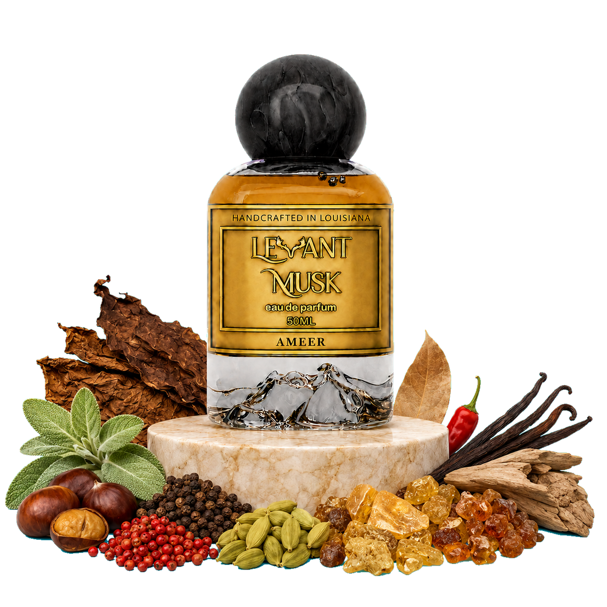 A bottle of Ameer by Levant Musk handcrafted fragrance centered on a white background, surrounded by flavor-inspired ingredients including tobacco, cardamom, vanilla, cinnamon, ginger, and berries.