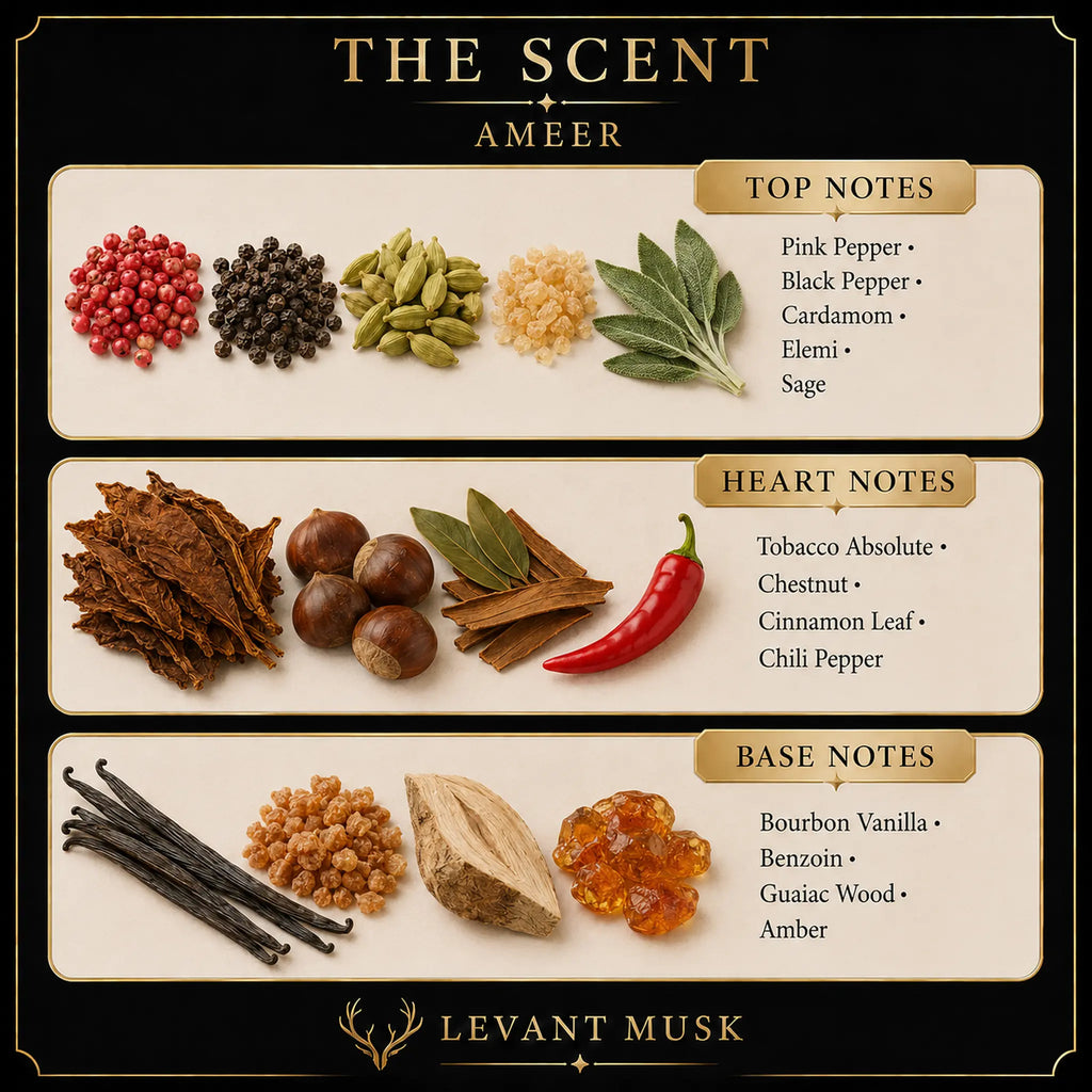 A branded scent notes graphic for Ameer by  Levant Musk, showing ingredient illustrations grouped by top, heart, and base notes on cream panels against a black background. Visible text includes Pink Pepper, Black Pepper, green pods, cardamom, emli, sage, tobacco absolute, chestnut, cinnamon leaf, chili pepper, bourbon vanilla, benzoin, guaiac wood, and amber.