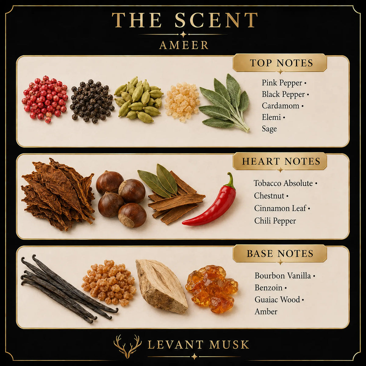 A branded scent notes graphic for Ameer by  Levant Musk, showing ingredient illustrations grouped by top, heart, and base notes on cream panels against a black background. Visible text includes Pink Pepper, Black Pepper, green pods, cardamom, emli, sage, tobacco absolute, chestnut, cinnamon leaf, chili pepper, bourbon vanilla, benzoin, guaiac wood, and amber.