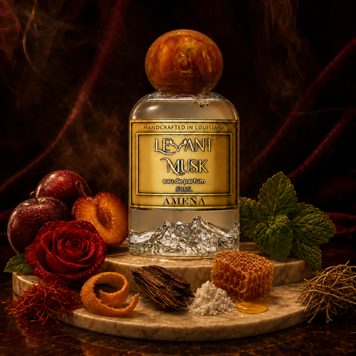AMENA by Levant Musk, hero. Top plum, saffron, orange; heart rose, oud, patchouli; base honey, musk, vetiver