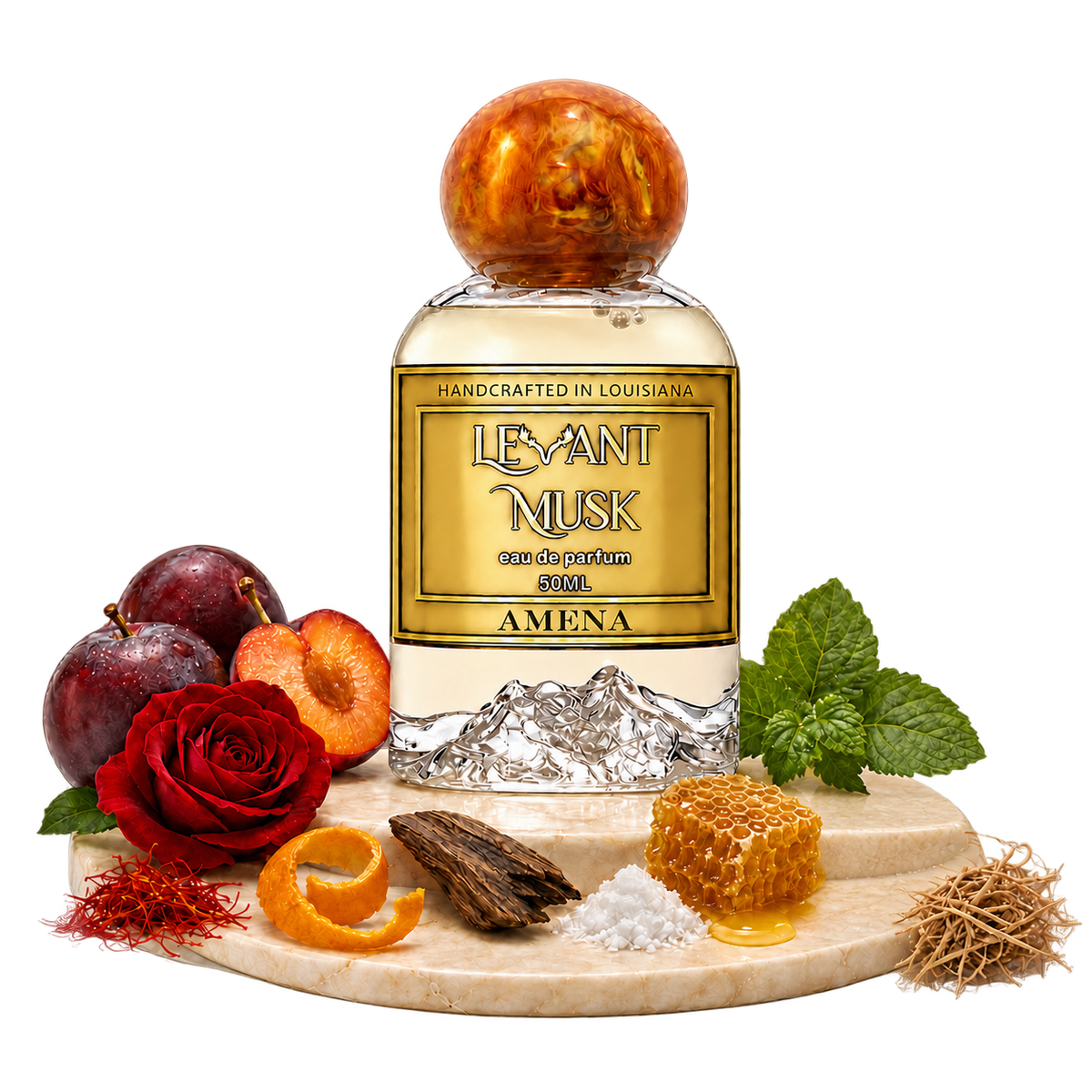 AMENA by Levant Musk, bottle and notes, transparent background. Top plum, saffron, orange; heart rose, oud, patchouli; base honey, musk, vetiver