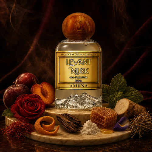50ml Bottle of AMENA eau de parfum by Levant Musk Monroe, LA, surrounded by the notes of the parfum