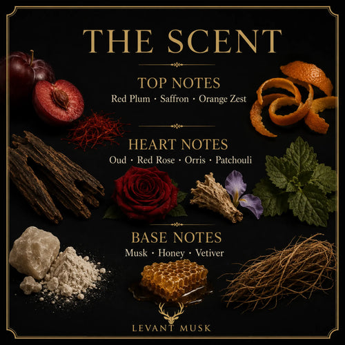 A black square graphic with gold text reading 'THE SCENT' and fragrance notes for  AMENA eau de parfum by Levant Musk: top notes including red plum, saffron, and orange zest; heart notes including oud, red rose, orris, and patchouli; base notes including musk, honey, and vetiver, with corresponding botanical and spice illustrations around the text.