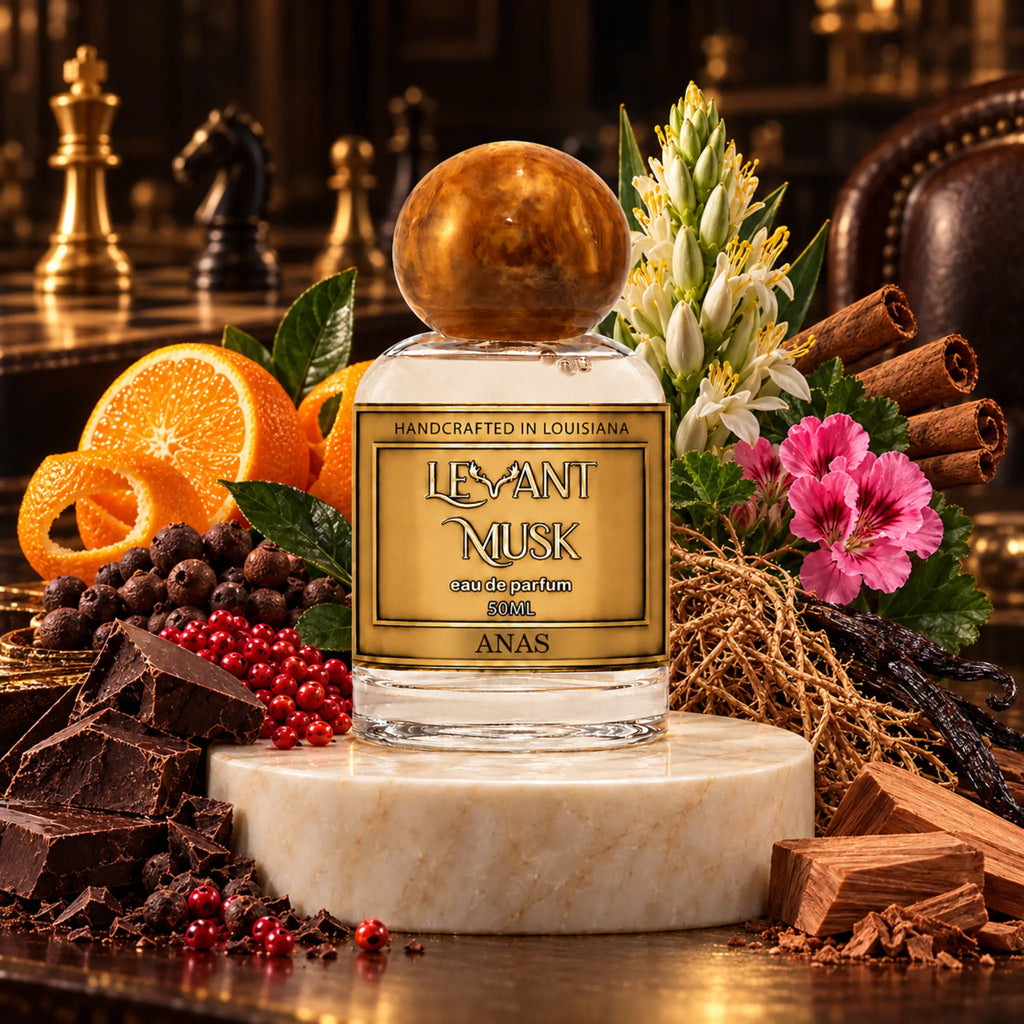 A bottle of Levant Musk cologne labeled 'ANAS' sits on a white marble pedestal, surrounded by scent-inspired ingredients including sliced oranges, dark chocolate, cinnamon sticks, pink flowers, and berries, against a dark wooden background.