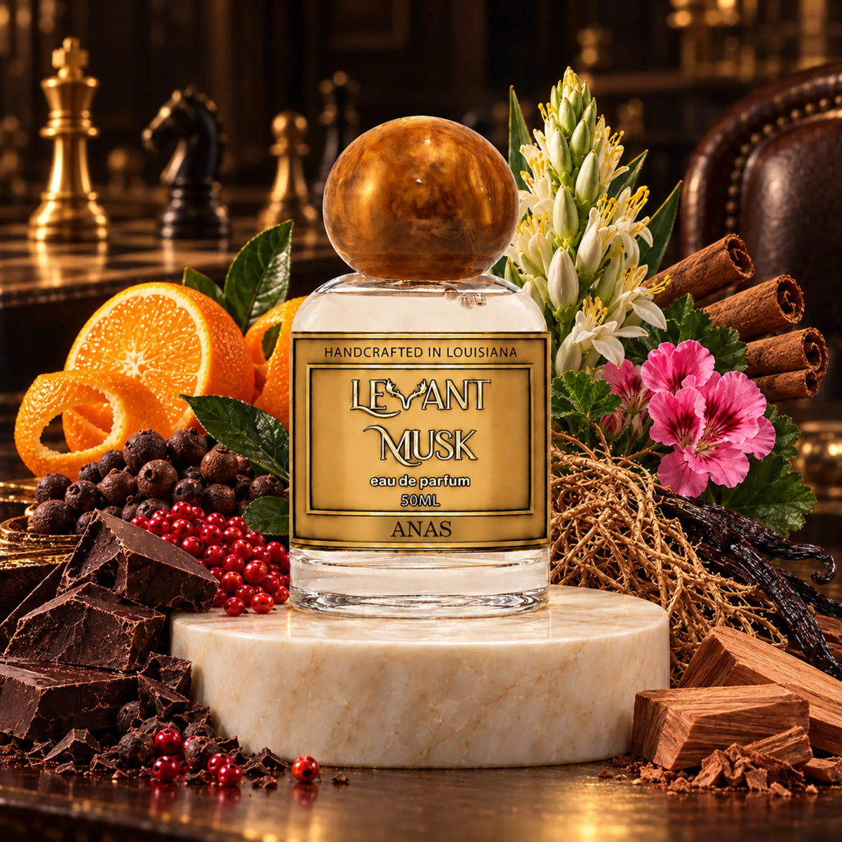 A bottle of Levant Musk cologne labeled 'ANAS' sits on a white marble pedestal, surrounded by scent-inspired ingredients including sliced oranges, dark chocolate, cinnamon sticks, pink flowers, and berries, against a dark wooden background.