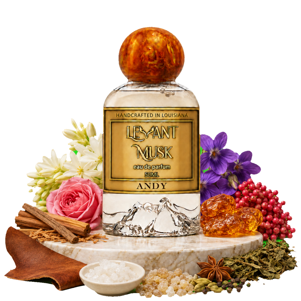 A perfume bottle labeled ANDY, by Levant Musk styled on a marble slab with rose petals, cinnamon sticks, flowers, spices, and amber crystals on a white background.