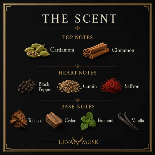 A decorative scent profile graphic for ANGUS eau de parfum by Levant Musk on a black background with gold border lines. It lists top notes as cardamom, cinnamon, heart notes as black pepper, cumin, and saffron, and base notes as tobacco, cedar, patchouli, and vanilla, each shown with a small ingredient illustration and label.