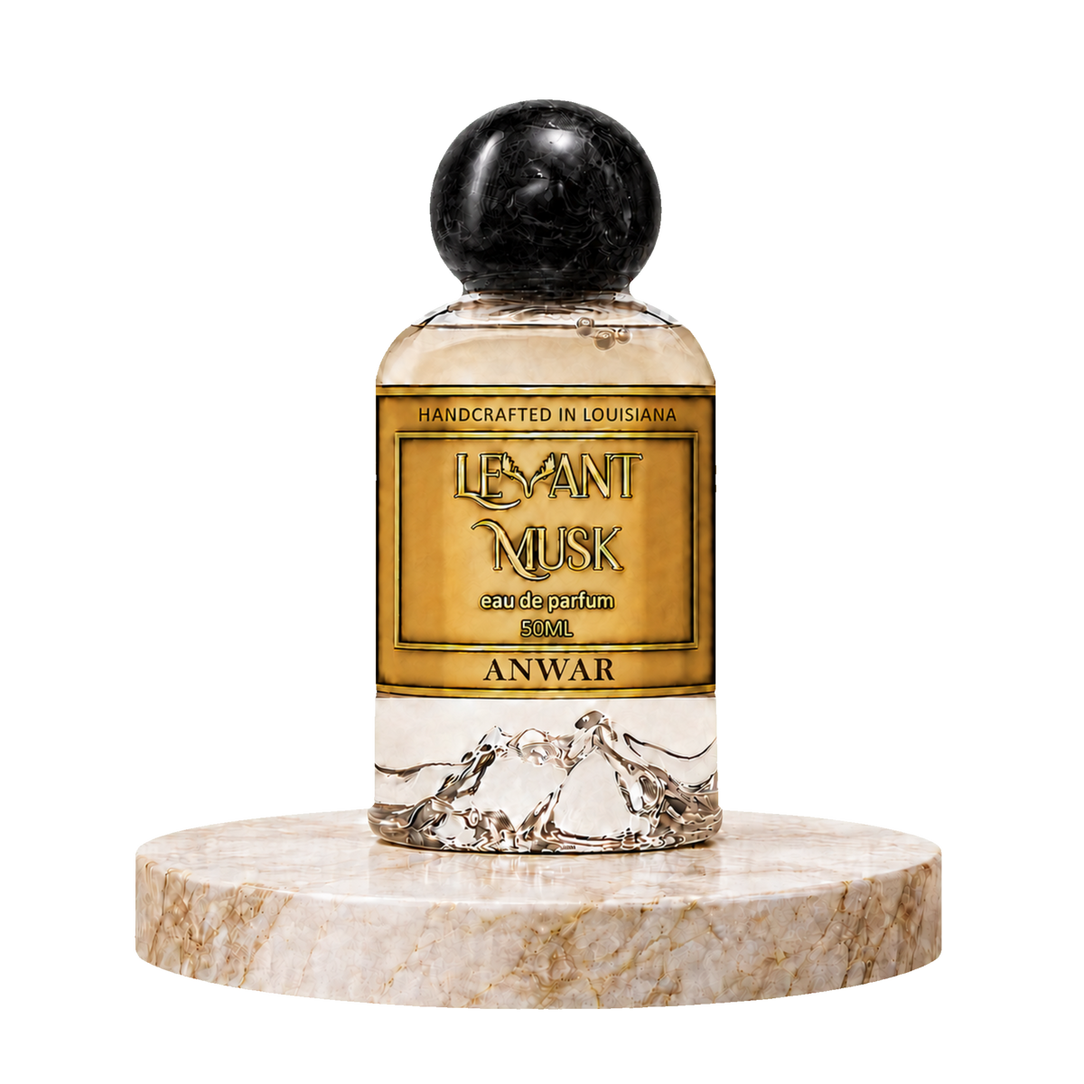 A bottle of Anwar by Levant Musk Eau de Parfum with a black marble cap and a gold label, displayed on a round beige marble pedestal against a white background.