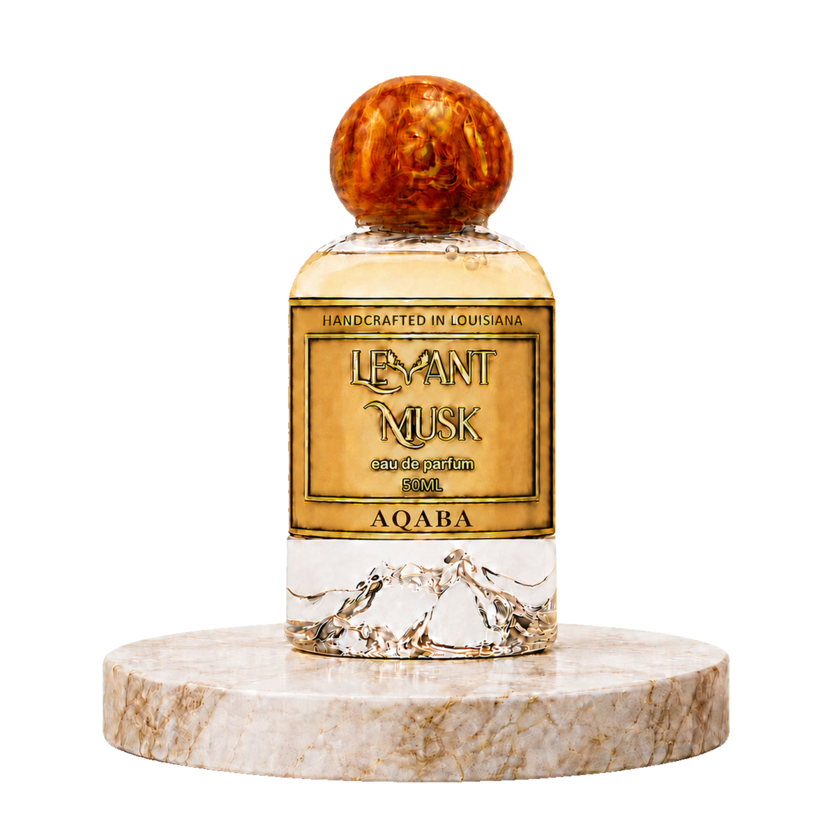 A bottle of Aqaba by Levant Musk eau de parfum with a gold label and amber-toned liquid, displayed on a round marble pedestal against a white background.