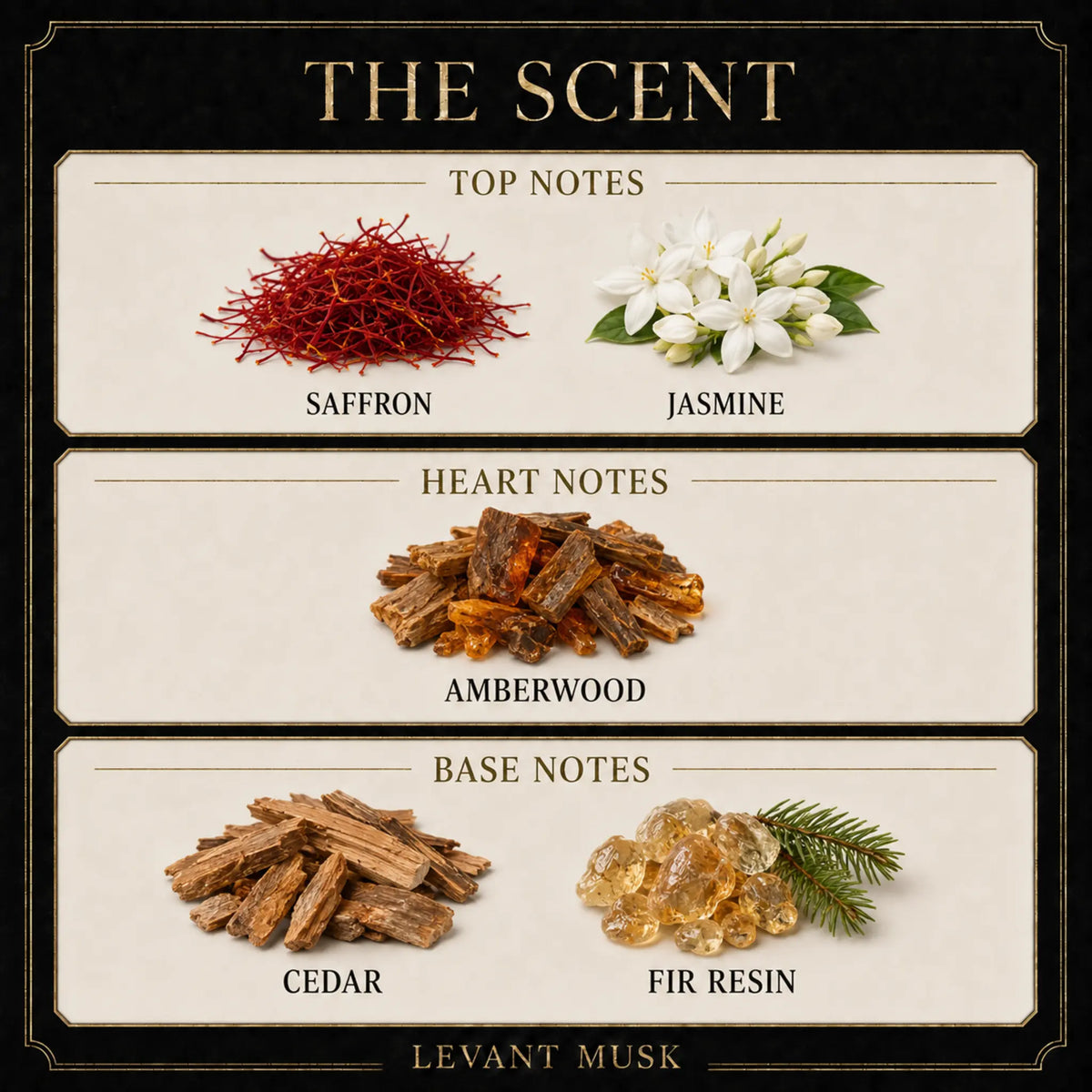A fragrance notes graphic titled 'THE SCENT' for AQABA eau de parfum by Levant Musk, showing top notes saffron and jasmine, heart notes amberwood, and base notes cedar and fir resin with ingredient illustrations on a cream and black background.