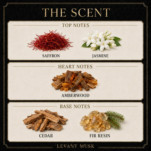 A fragrance notes graphic titled 'THE SCENT' for AQABA eau de parfum by Levant Musk, showing top notes saffron and jasmine, heart notes amberwood, and base notes cedar and fir resin with ingredient illustrations on a cream and black background.