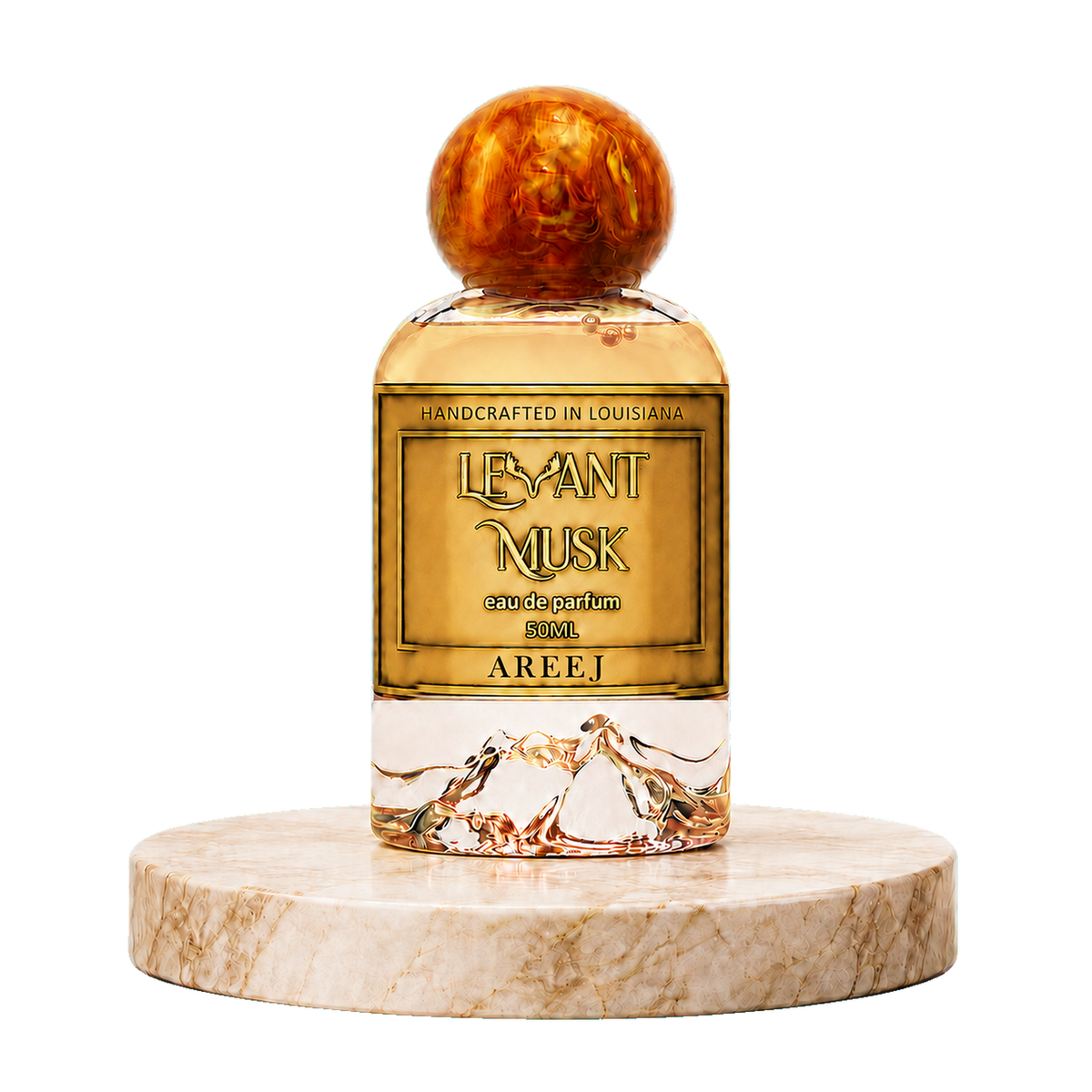 A bottle of Areej by Levant Musk Eau de Parfum with amber liquid, a gold label, and a round orange-brown wooden cap, displayed on a marble pedestal against a white background.