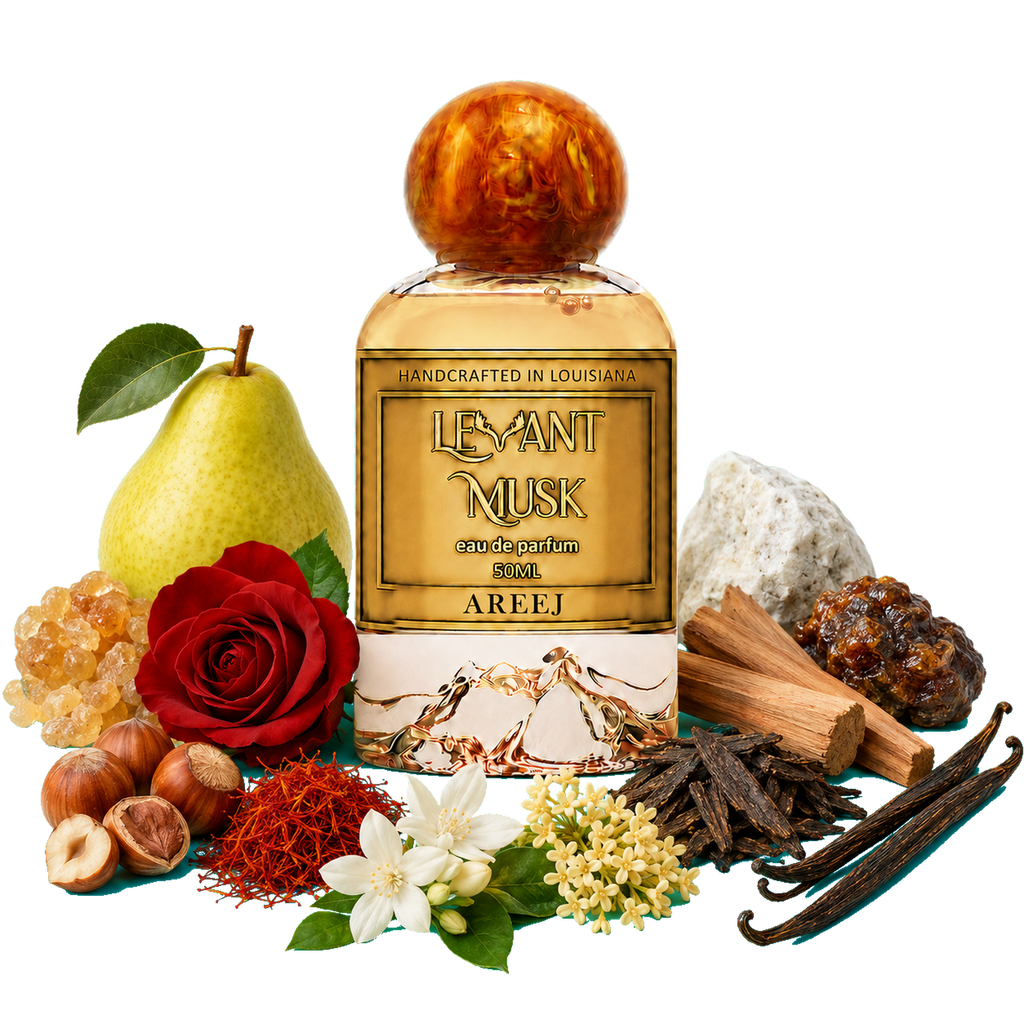 A bottle of Areej Levant Musk eau de perfum centered on a white background, surrounded by fragrance ingredients including a pear, rose, vanilla beans, saffron, flowers, wood chips, and crystals.