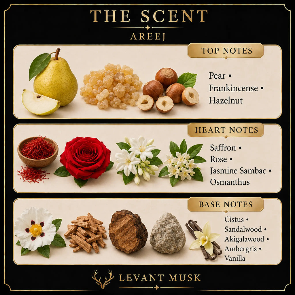 A decorative fragrance notes graphic for AREEJ eau de parfume by Levant Musk,  It features three horizontal panels showing the scent profile: Top Notes (Pear, Frankincense, Hazelnut), Heart Notes (Saffron, Rose, Jasmine Sambac, Osmanthus), and Base Notes (Cistus, Sandalwood, Akigalwood, Ambergris, Vanilla), each accompanied by corresponding illustrations of ingredients on a cream background with a black border.