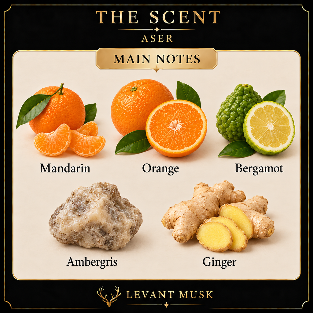 ASER by Levant Musk main notes: Mandarin; orange; bergamot; ambergris; ginger.