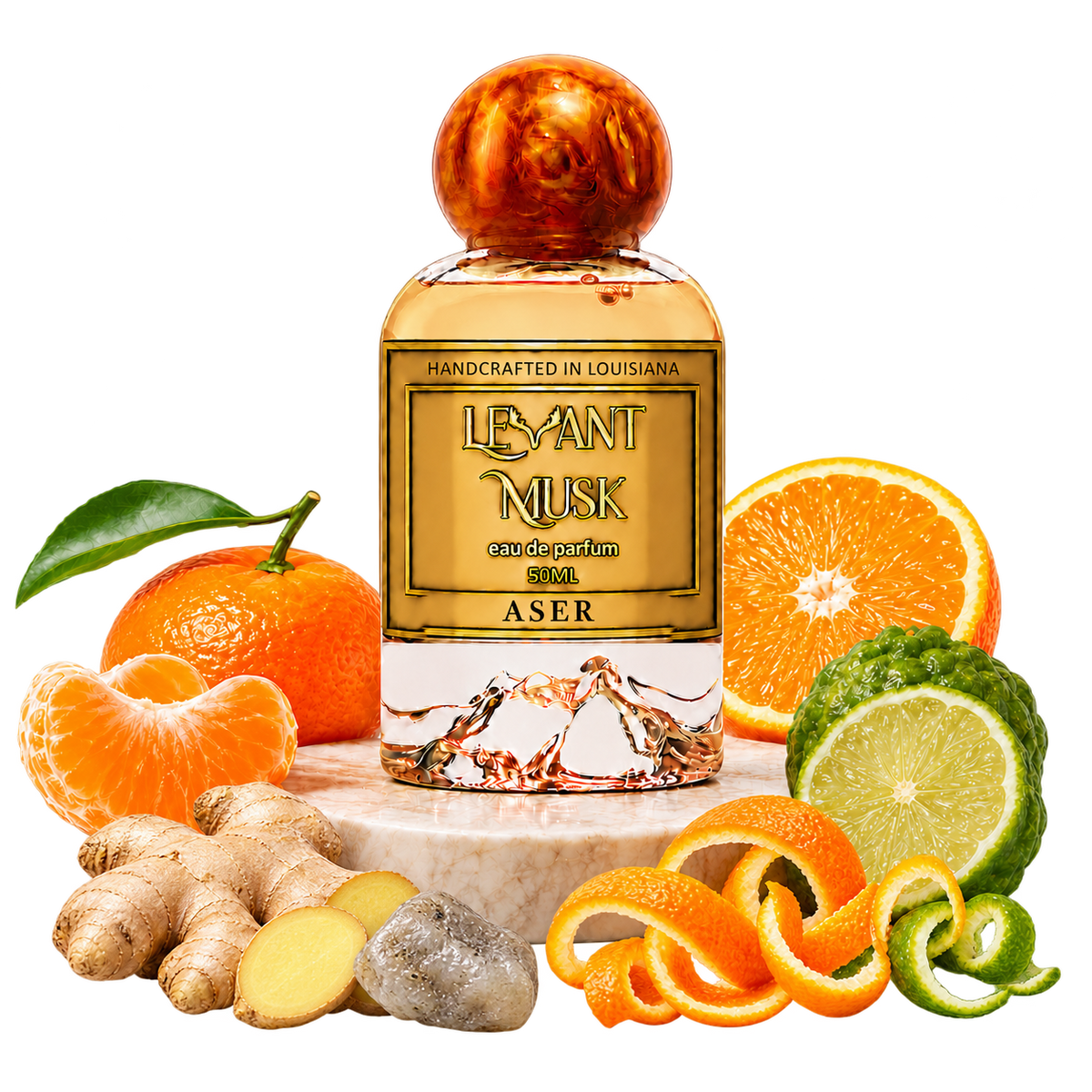 ASER by Levant Musk bottle on marble with mandarin, orange, bergamot, ginger, and ambergris, on a transparent background.