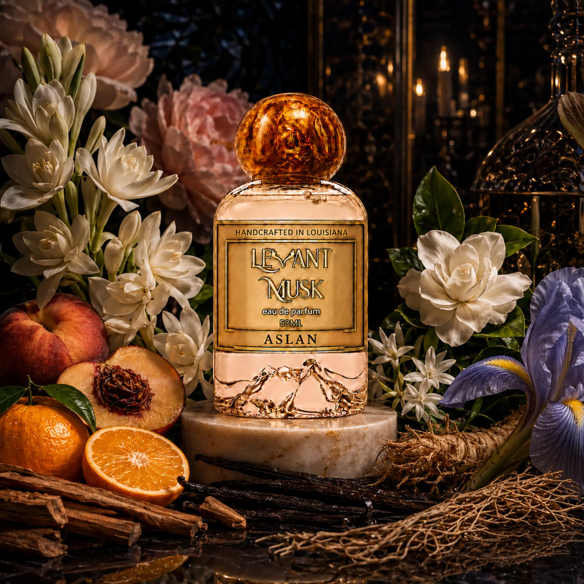 ASLAN by Levant Musk on a marble pedestal, surrounded by white flowers, peach, mandarin, iris, vanilla, sandalwood and vetiver illustrations.