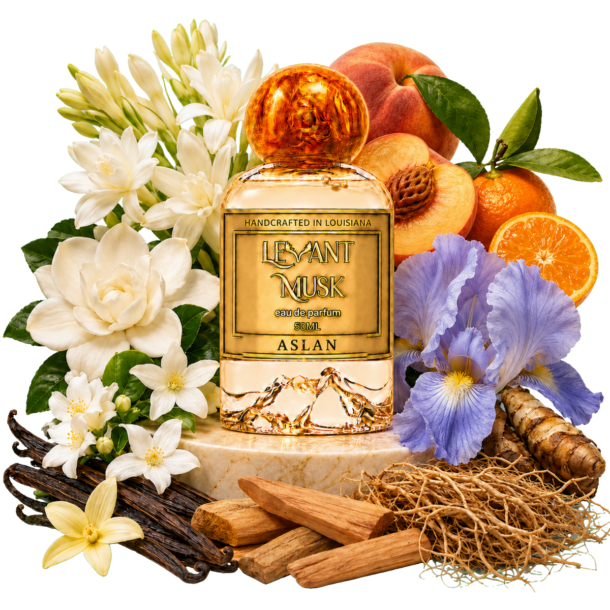 A perfume bottle labeled ASLAN, by Levant Musk, Monroe, LA styled with white flowers, peaches, oranges, vanilla beans, wood/vanilla/vetiver, and purple irises on a white background.