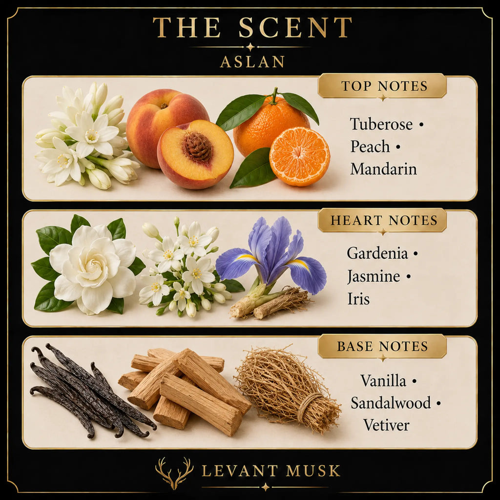 A branded scent profile graphic for Aslan by Levant Musk, Monroe, LA, showing top, heart, and base notes with illustrated botanical and spice imagery. The top reads 'THE SCENT ASLAN' and lists Tuberose, Peach, Mandarin, Gardenia, Jasmine, Iris, Vanilla, Sandalwood, and Vetiver.