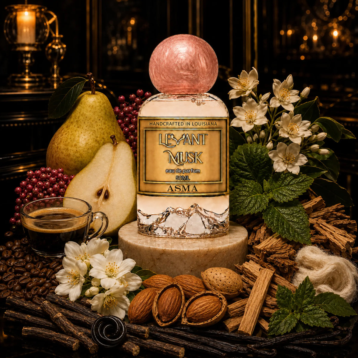 A perfume bottle labeled ASMA, by Levant Musk styled on a stone pedestal with a pear, coffee cup, almonds, flowers, and spices against a dark, warm, atmospheric background.