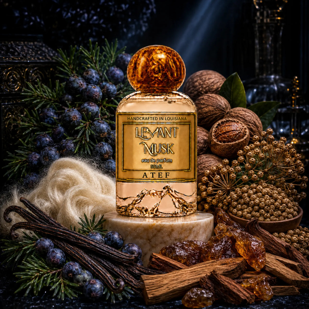 ATEF by Levant Musk, handcrafted in Louisiana, with juniper berries, nutmeg, coriander, vanilla and ambery wood scent illustration.