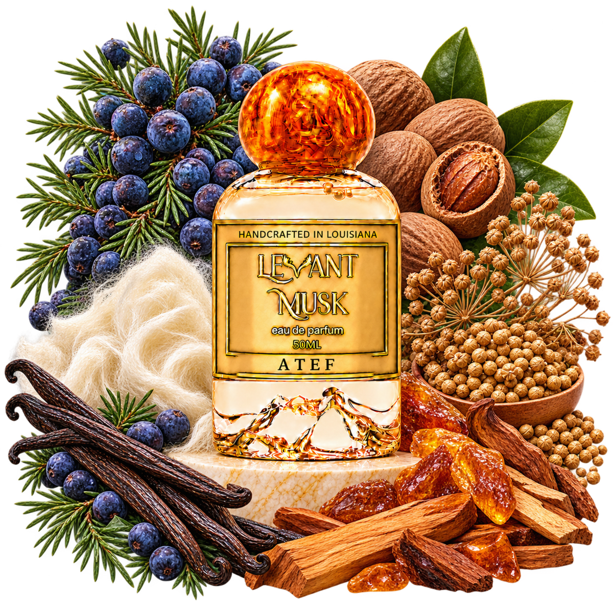 ATEF by Levant Musk with illustrations of juniper berries, nutmeg, coriander seed, musk, ambery woods and vanilla.