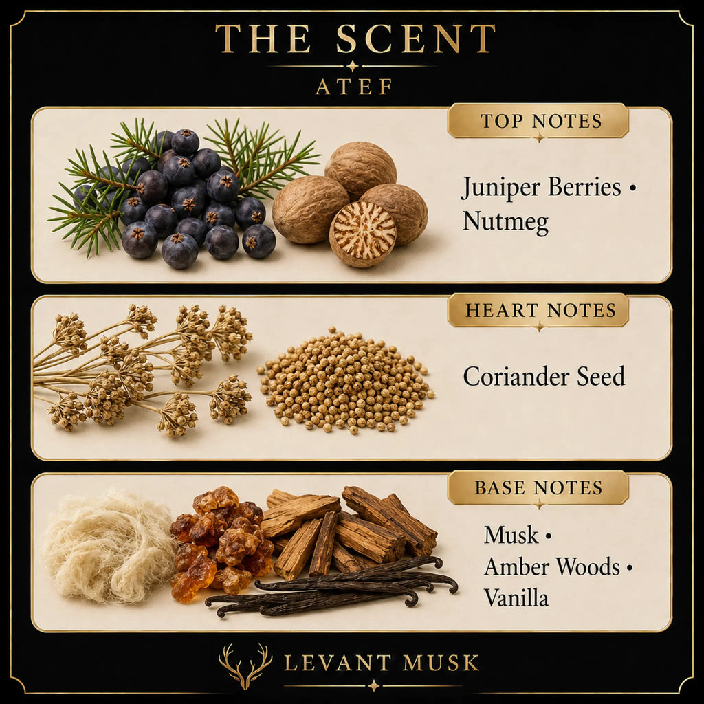 A branded ingredient-style scent graphic for ATEF by Levant Musk, Monroe, LA, showing top, heart, and base notes with illustrated botanicals and spices: juniper berries, nutmeg, coriander seed, musk, amber woods, and vanilla. The layout is on a black background with cream panels and gold accents.