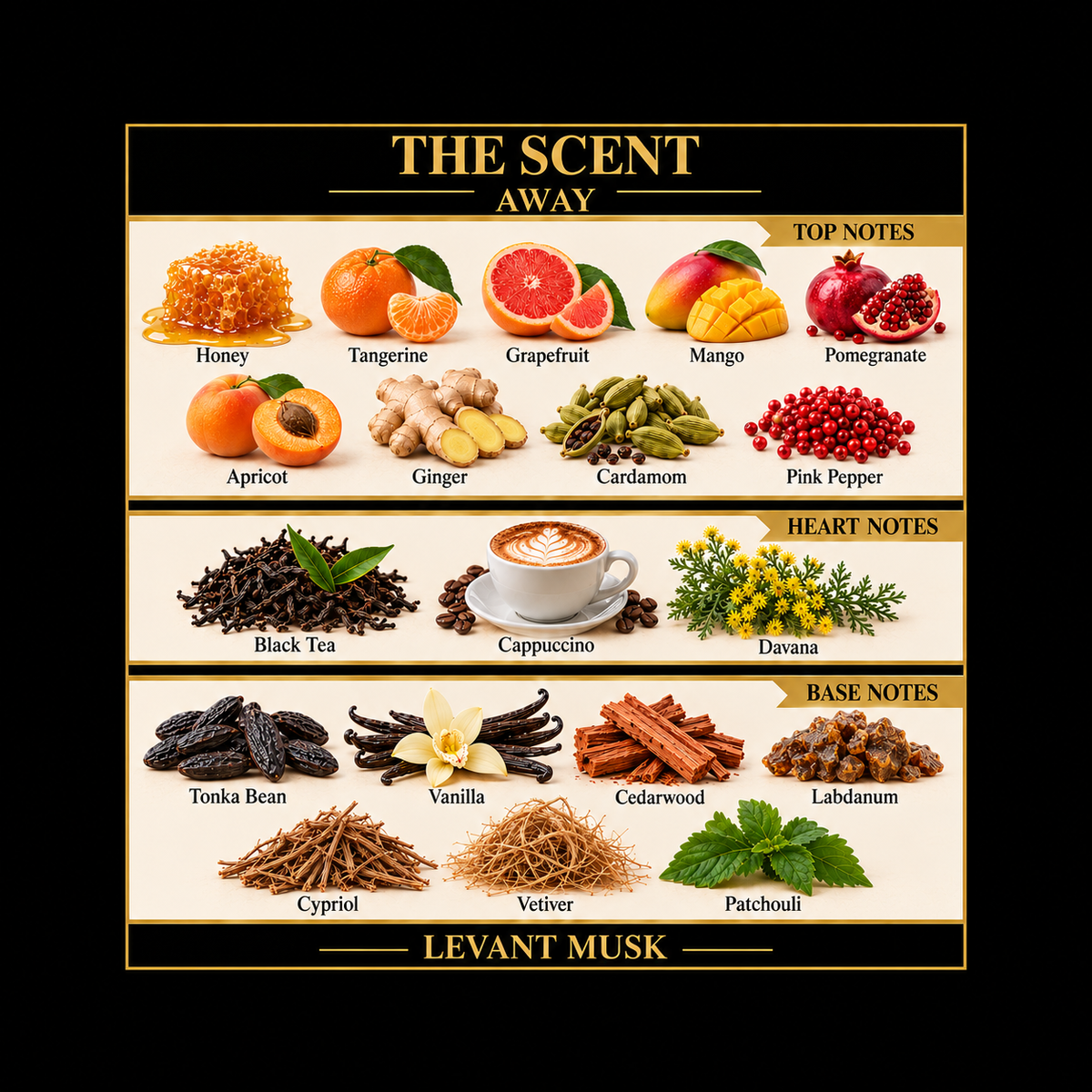 AWAY by Levant Musk full fragrance note card: honey, tangerine, grapefruit, mango, pomegranate, apricot, ginger, cardamom and pink pepper; black tea, cappuccino and davana; tonka bean, vanilla, cedarwood, labdanum, cypriol, vetiver and patchouli.