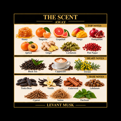 AWAY by Levant Musk full fragrance note card: honey, tangerine, grapefruit, mango, pomegranate, apricot, ginger, cardamom and pink pepper; black tea, cappuccino and davana; tonka bean, vanilla, cedarwood, labdanum, cypriol, vetiver and patchouli.