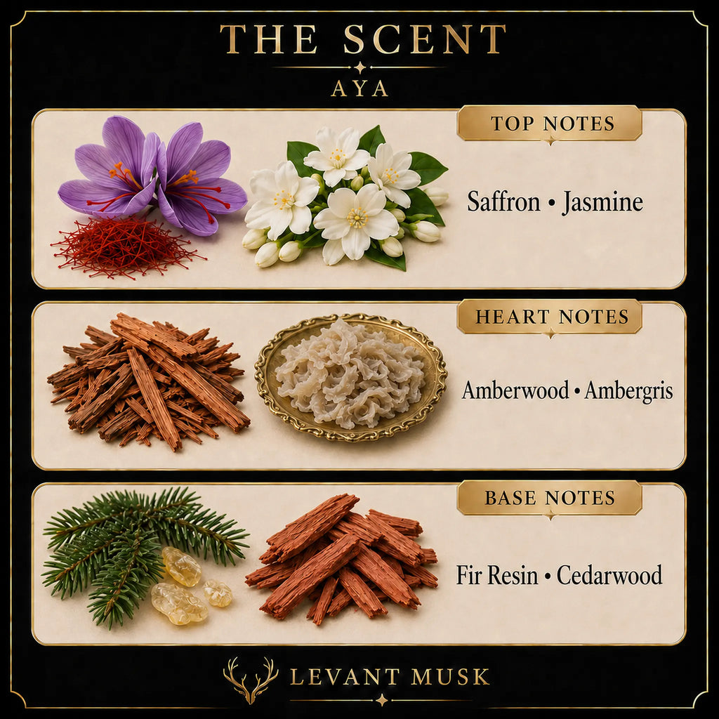 A branded scent profile graphic for 'The Scent Aya' by Levant Musk, showing top, heart, and base notes with illustrated ingredients: purple saffron flowers and red powder, white jasmine blossoms, amberwood pieces, fir resin and cedarwood sticks, evergreen branches, and dried botanicals on cream panels over a black background.