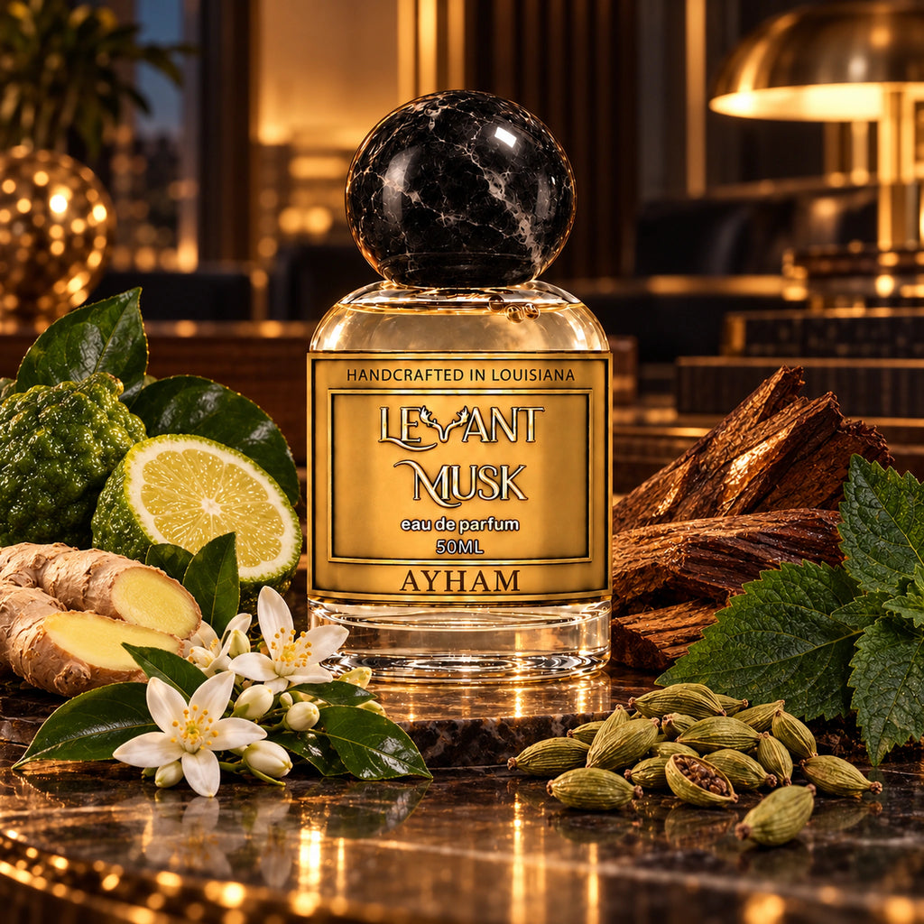 AYHAM by Levant Musk in a warmly lit setting with bergamot, ginger, cardamom, orange blossoms, wood and patchouli scent illustrations.