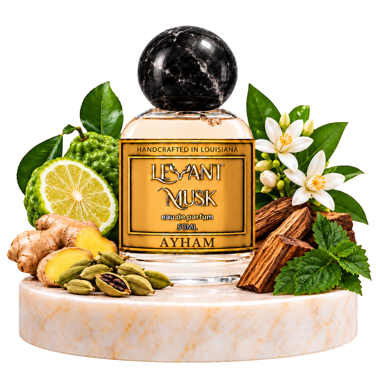 AYHAM by Levant Musk on a marble pedestal with bergamot, ginger, cardamom, orange blossoms, wood and patchouli scent illustrations.